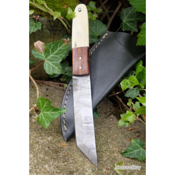 Mini Katana Couteau Tanto Damas Lame 256 Couches Manche Os & Bois Fabrication Artisanale Etui Cuir