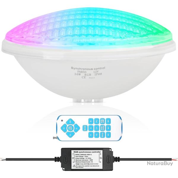Eclairage LED Piscine PAR56, 36W Projecteur Piscine RGBW Multicolore Synchroniseur Externe avec T�l�