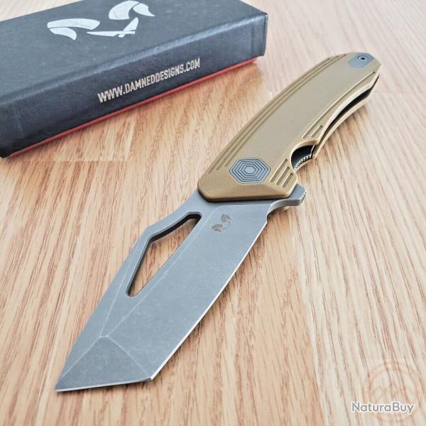 Couteau Damned Designs Banshee Tan Lame Tanto Acier N690 Manche G-10 Linerlock Clip DMN003GT