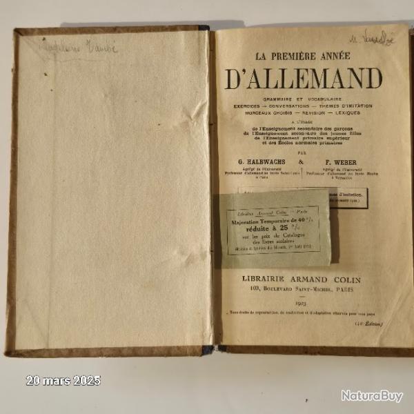 Cours d'allemand , exercices Halbwachs et Weber, 1923                      Cours de troisime anne,