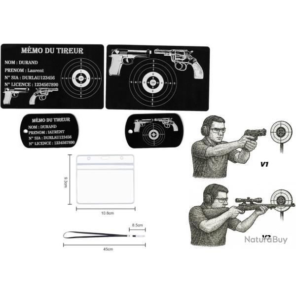 M�mo tireur sportif FFT + Port� cl� TAG militaire en aluminium grav� au laser (R / V) + Porte badge 