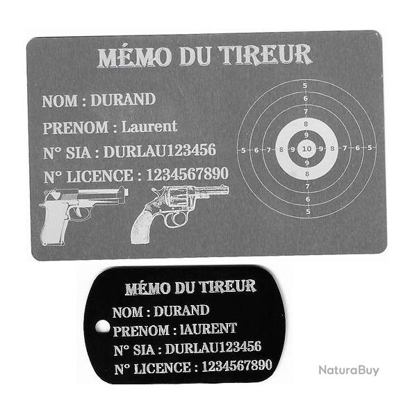 M�mo tireur sportif FFT argent� + Port� cl� TAG militaire en aluminium grav� au laser (Recto)