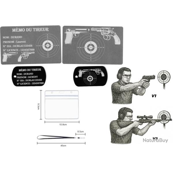 M�mo tireur sportif FFT argent� + Port� cl� TAG militaire en aluminium grav� au laser (R / V) + Port