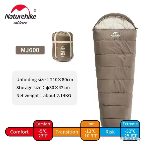 SAC DE COUCHAGE NATUREHIKE MJ600 210*80CM IDEAL MI SAISON CONFORT JUSQU'A -5C BEIGE MARRON
