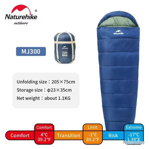 SAC DE COUCHAGE NATUREHIKE MJ300 205*75CM IDEAL MI SAISON CONFORT JUSQU'A -5C BLEU