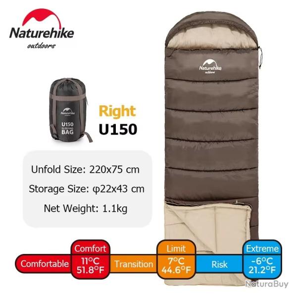 SAC DE COUCHAGE NATUREHIKE U150 220*75CM IDEAL PRINTEMPS ETE CONFORT JUSQU'A 8C MARRON