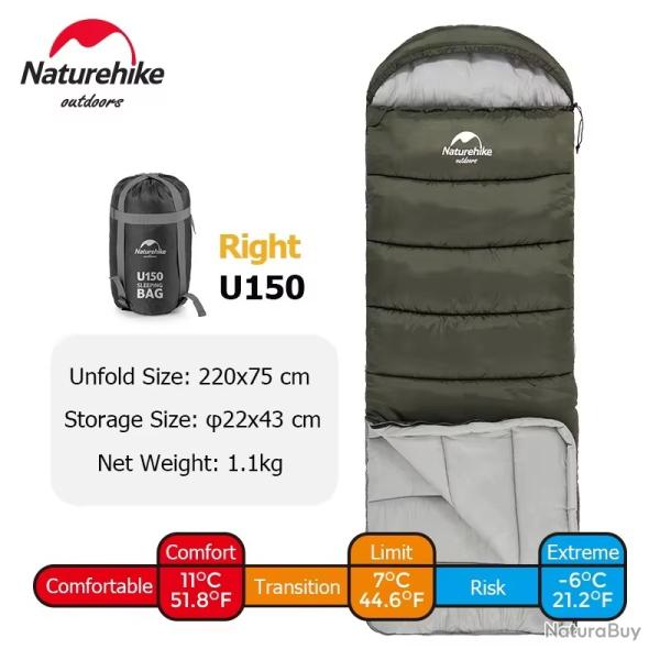 SAC DE COUCHAGE NATUREHIKE U150 220*75CM IDEAL PRINTEMPS ETE CONFORT JUSQU'A 8C VERT