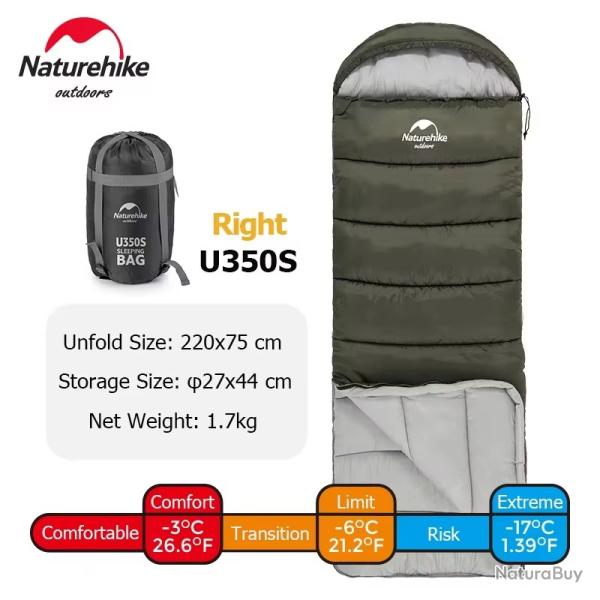 SAC DE COUCHAGE NATUREHIKE U350S 220*75CM IDEAL 3 SAISONS CONFORT JUSQU'A -3 / -5C VERT
