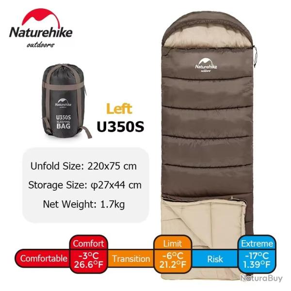 SAC DE COUCHAGE NATUREHIKE U350S 220*75CM IDEAL 3 SAISONS CONFORT JUSQU'A -3 / -5C MARRON