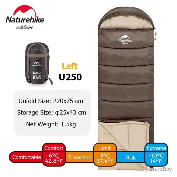 SAC DE COUCHAGE NATUREHIKE U250 220*75CM IDEAL PRINTEMPS ETE CONFORT JUSQU'A 3 / 5C MARRON