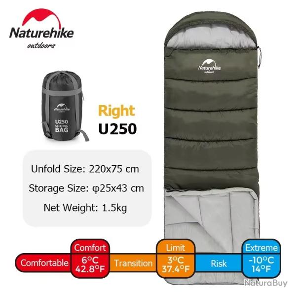 SAC DE COUCHAGE NATUREHIKE U250 220*75CM IDEAL PRINTEMPS ETE CONFORT JUSQU'A 3 / 5C VERT