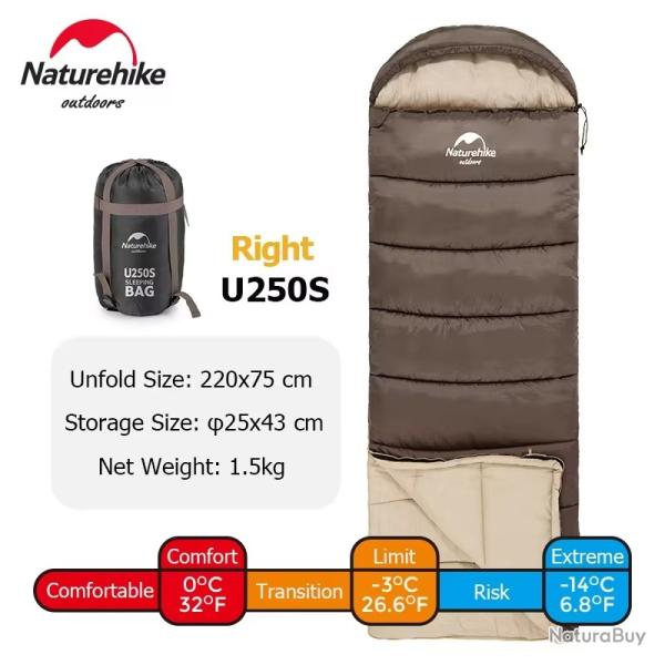 SAC DE COUCHAGE NATUREHIKE U250S 220*75CM IDEAL MI SAISONS CONFORT JUSQU'A 0 / -2C MARRON