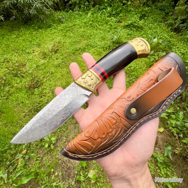 Couteau lame fixe damas bois d'bne chasse pche collection
