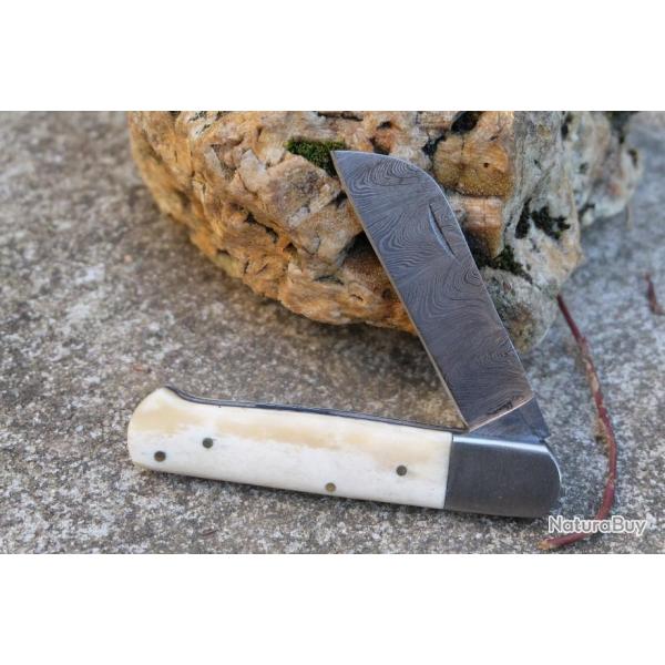 Beau Couteau Grand-P�re Coron Lame Damas 128 Couches Manche Os Cran Forc� F Artisanale 000