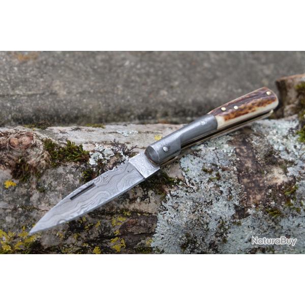 Beau Couteau Grand-P�re Vendetta Lame & Mitres Damas 128 Couches Manche Bois De Cerf Fabr Artisan