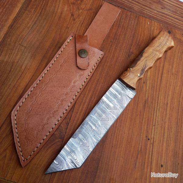 Grand Couteau TANTO DAMAS Manche en Bois  avec �tui en cuir