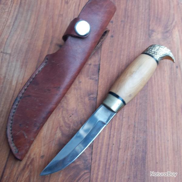 Joli Couteau PUUKKO SCANDINAVE � T�te d Aigle Fourreau en cuir Manche en Bois