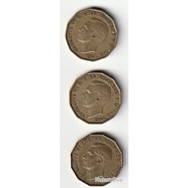 Lot de Pi�ces de Monnaie  ROYAUME-UNI Three Pence 1942 1945 1952 1953 1957