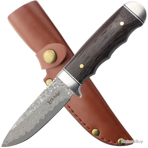 Couteau Elk Ridge Lame Damas Manche Bois Mitres Acier Etui CUir ERFIX115DM
