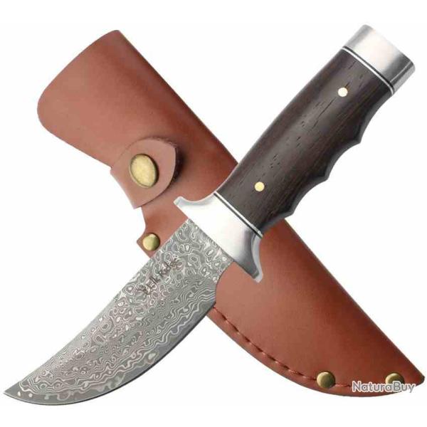 Couteau Elk Ridge Lame Upswept Damas Manche Bois Garde et Pommeau Etui Cuir ERFIX116DM