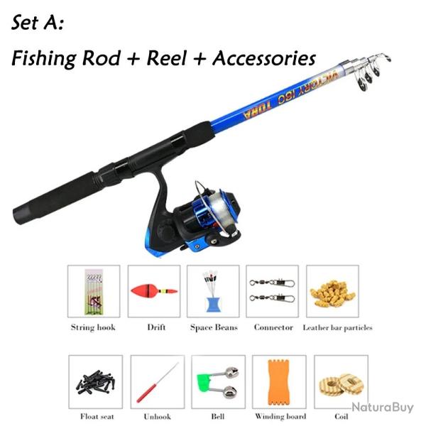 Kit Canne � P�che Spinning Moulinet et Accessoires T�lescopique 1.80 m�tres