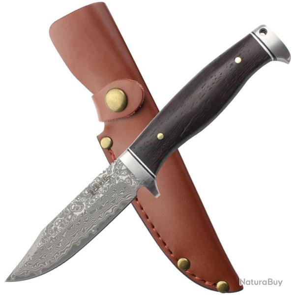 Couteau Elk Ridge Lame Damas Manche Bois Garde et Pommeau Acier Etui Cuir ERFIX117DM