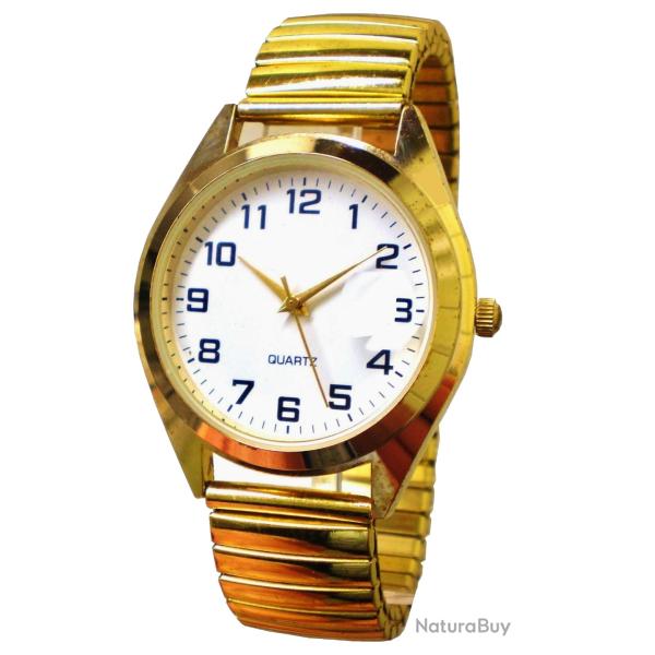 Montre M�tal Dor� avec Bracelet Extensible �lastique Fond Blanc Diam�tre 3,3cm Style Classique