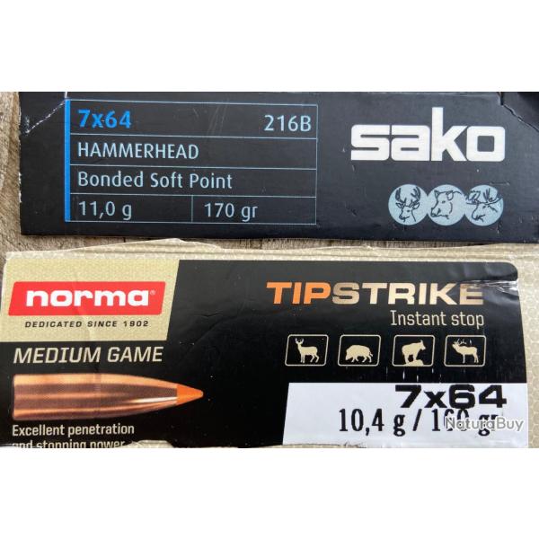 Lot de 33 cartouches 7/64 Norma et Sako