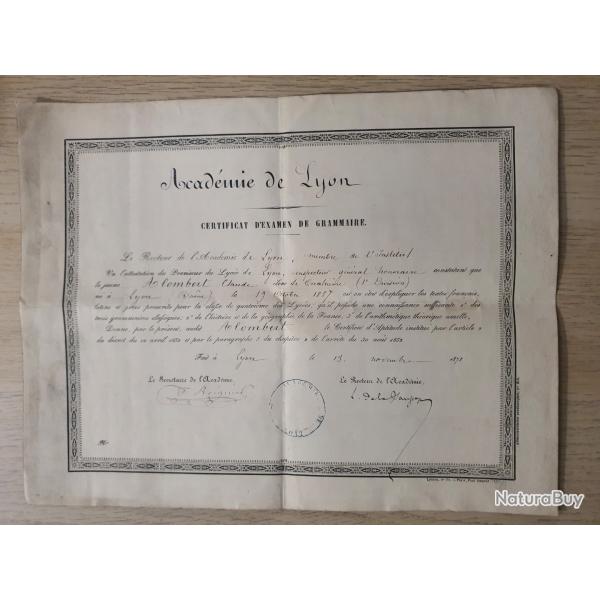 Dipl�me certificat d'examen de grammaire 1871 acad�mie de Lyon