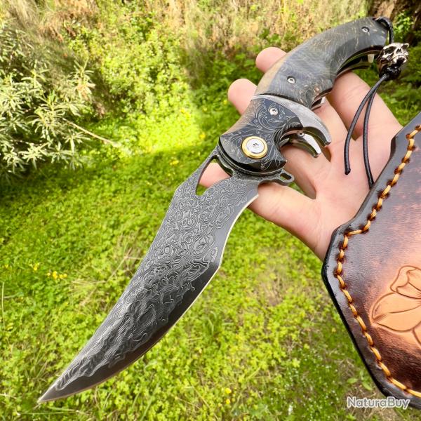 Couteau pliant acier damas noir luxe collection custom camping artisanal avec �tui #280