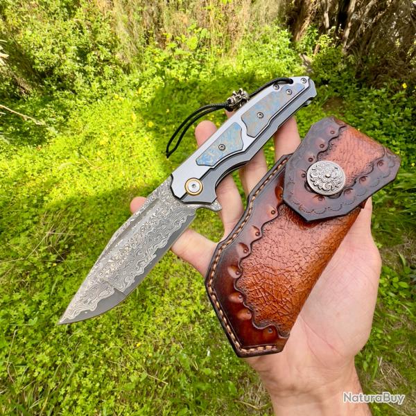 Couteau pliant acier damas framelock luxe avec �tui titane collection custom #291