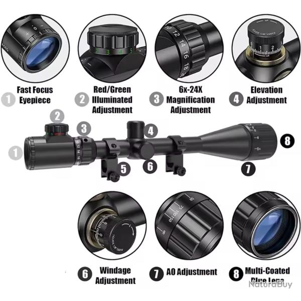 Lunette de tir bestsight 6-24x50 longue port�e de chasse, r�ticule rouge/vert a
