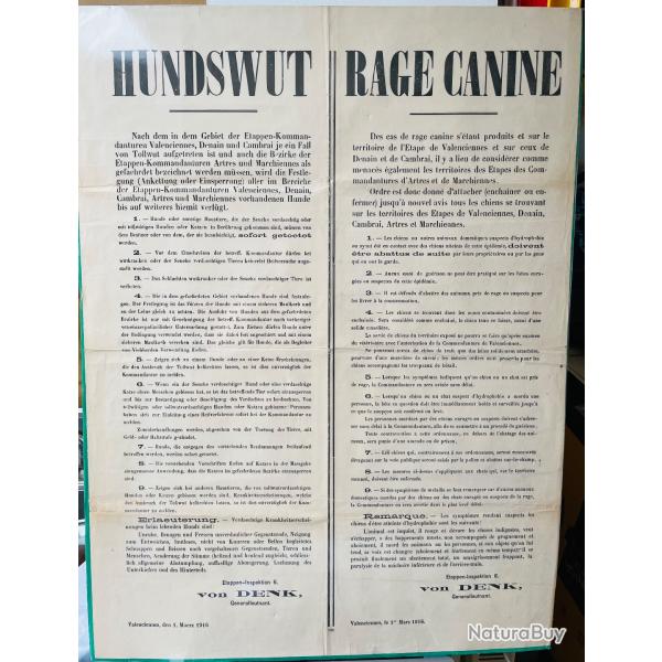 Affiche Allemande WW1 Valenciennes Cambrai Denain Rage canine ! Rare !!!