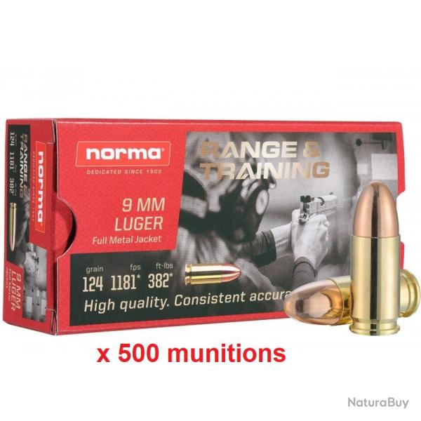 10 Boites de Munitions 9X19 NORMA 124GRS FMJ X500