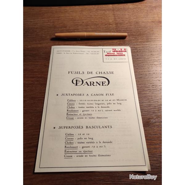 Ancienne notice tarif fusil chasse Darne juxtaposs superposs modles R V S anne 1972