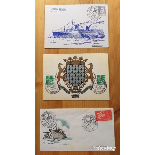 2 cartes postales et 1 enveloppe consacr�es au lancement du paquebot FRANCE