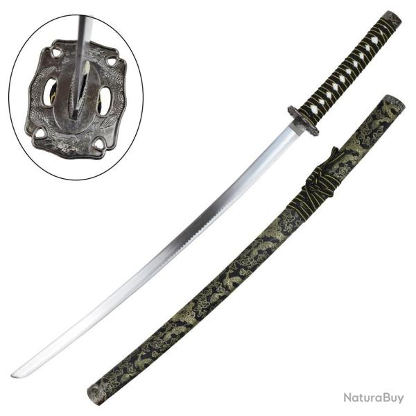 KATANA DECO LAME ACIER MOTIF SOIE NOIRE MOTIF OR