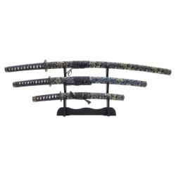 SET 3 KATANAS DECO LAME ACIER MOTIF SOIE BLEUE MOTIF OR