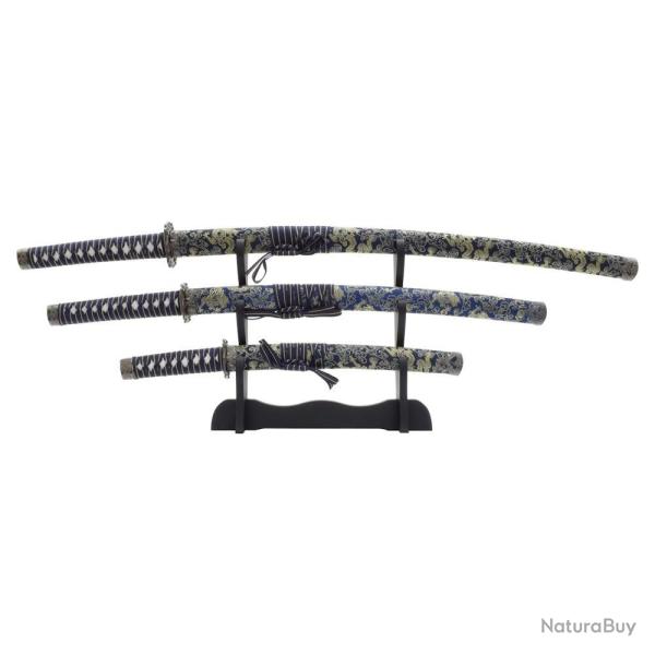 SET 3 KATANAS DECO LAME ACIER MOTIF SOIE BLEUE MOTIF OR
