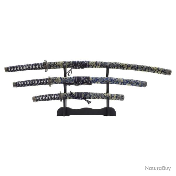 SET 3 KATANAS DECO LAME ACIER MOTIF SOIE BLEUE MOTIF OR