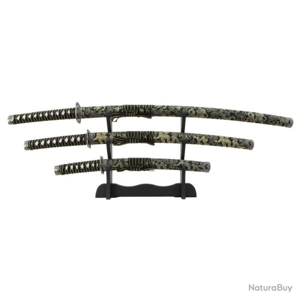 SET 3 KATANAS DECO LAME ACIER MOTIF SOIE NOIRE MOTIF OR
