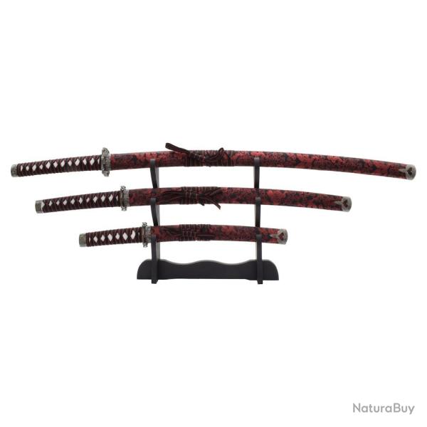 SET 3 KATANAS DECO LAME ACIER MOTIF SOIE NOIRE MOTIF ROUGE