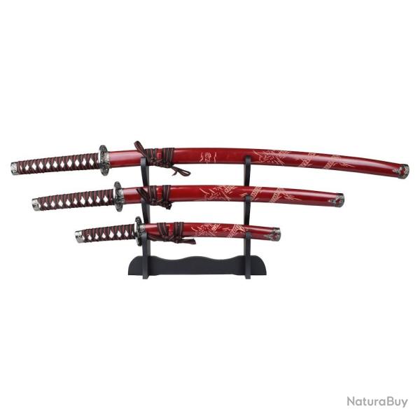 SET KATANA-WAKIZASHI-TANTO LAME ACIER DECO ROUGE MOTIF DRAGON