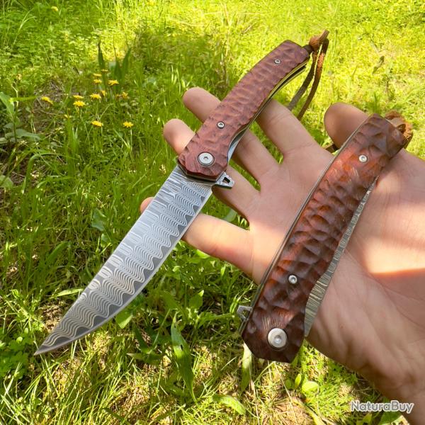 Couteau pliant lame acier damas manche bois camping collection #293