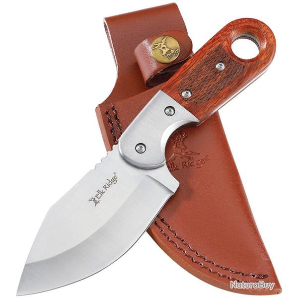 Couteau Skinner Elk Ridge Lame Drop Point Acier 3Cr13MoV Satin Manche Bois Etui Cuir ERFIX113SL