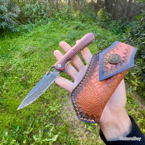 Couteau pliant lame acier damas avec �tui manche en bois #297