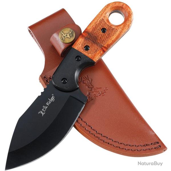 Couteau Skinner Elk Ridge Lame Drop Point Acier 3Cr13MoV Black Manche Bois Etui Cuir ERFIX113BK