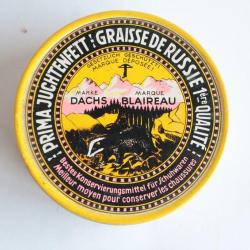 Ancienne bo&icirc;te t&ocirc;le Graisse de Russie Dachs Blaireau