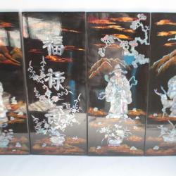 Set 4 Plaques murale Asie bois laqué nacre FU LU Shou buddha