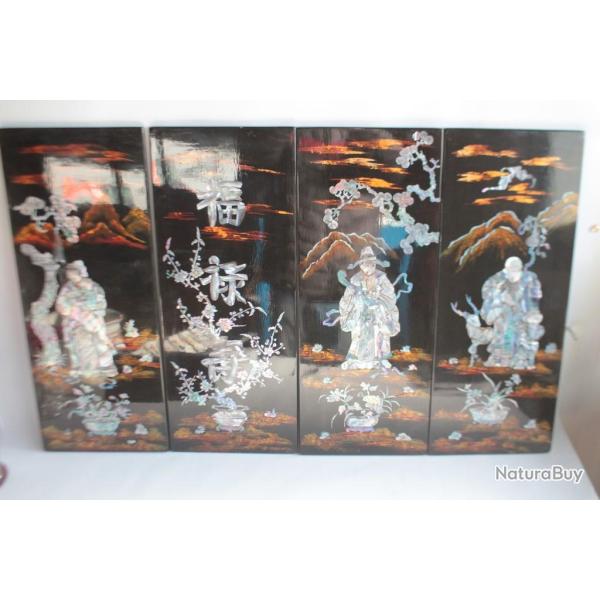 Set 4 Plaques murale Asie bois laqu nacre FU LU Shou buddha